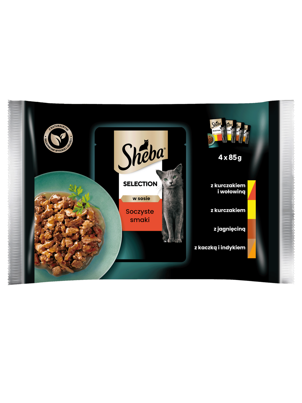 SHEBA saszetka 4x85g Selection in Sauce Soczyste Smaki - mokra karma dla kotów w sosie (z wołowiną, z jagnięciną, z kurczakiem, z indykiem)