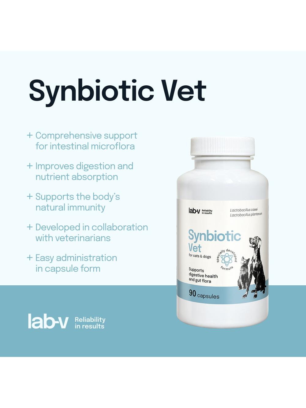 Lab-v Synbiotic Vet – Wsparcie zdrowia układu pokarmowego i mikroflory jelitowej dla psów i kotów 90 kapsułek