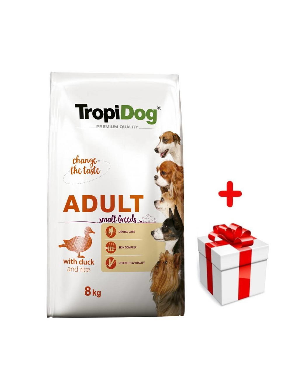 TROPIDOG Premium Adult Small Breeds z kaczką i ryżem 8kg + niespodzianka dla psa GRATIS!