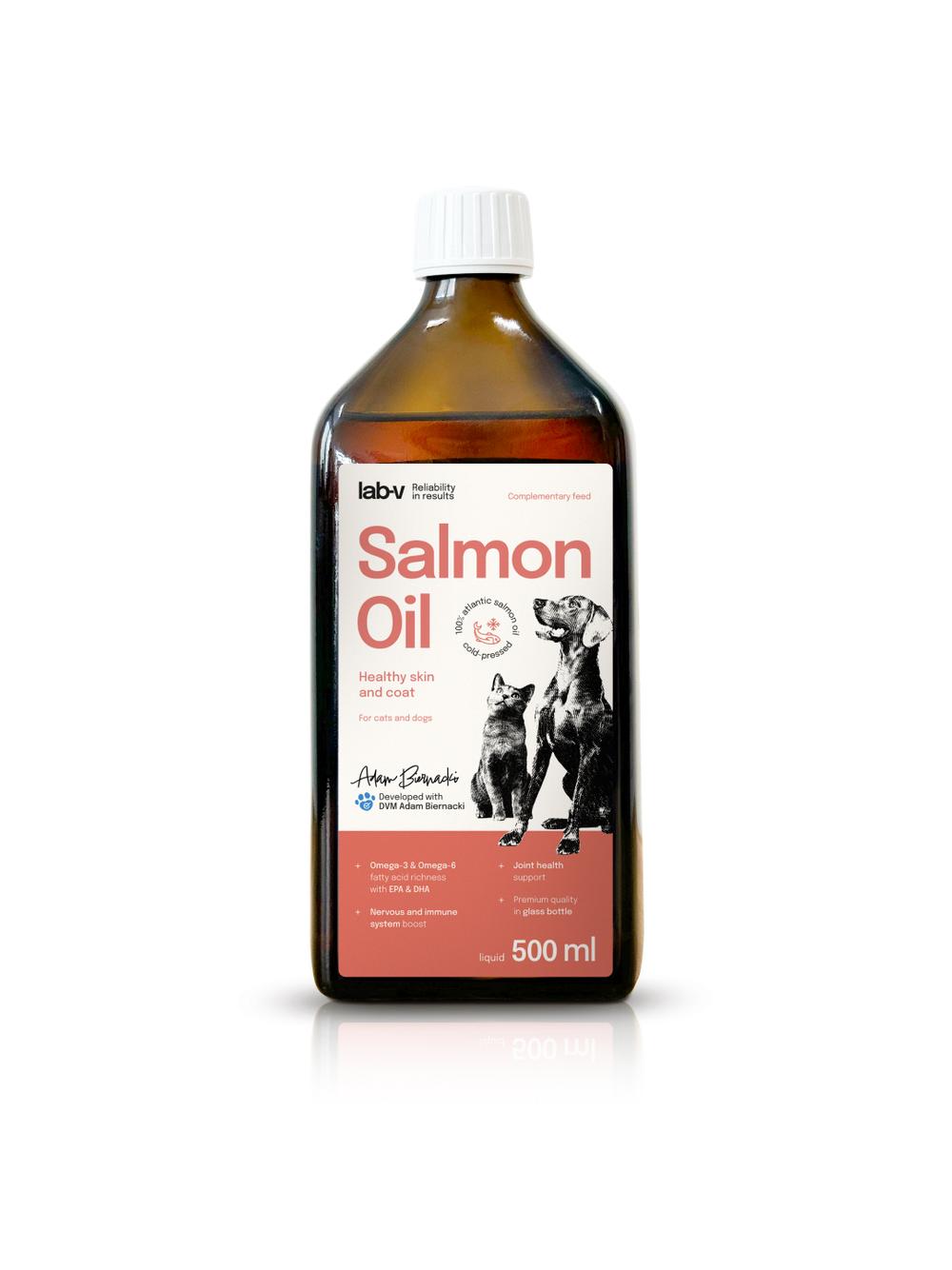 Lab-v Olej z Łososia 100% Dla Psa i Kota w Każdym Wieku 500ml Tłoczony Na Zimno