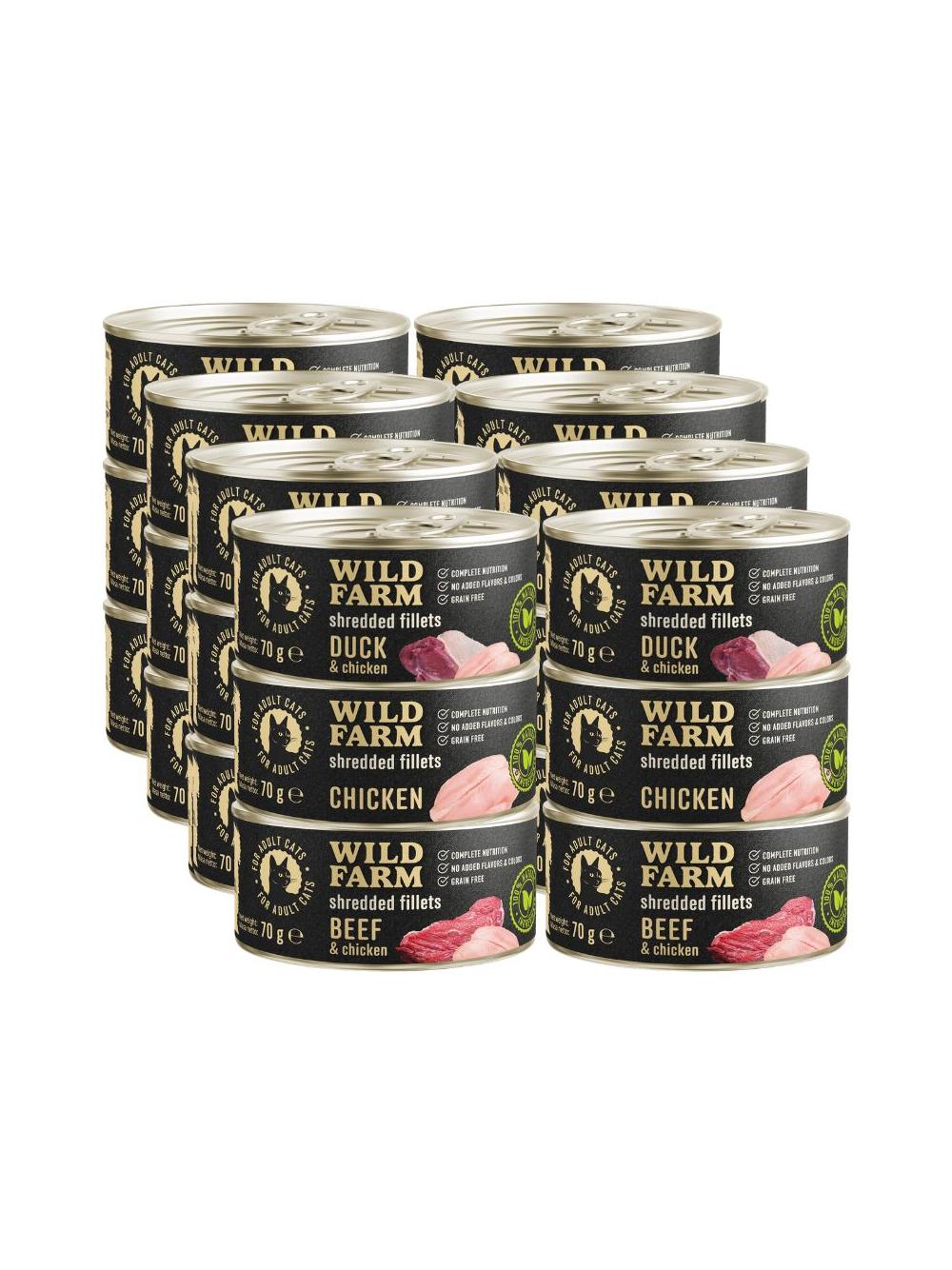 WILD FARM Fillets Mix smaków 24x70g - bezzbożowa mokra karma dla kota, filet w bulionie