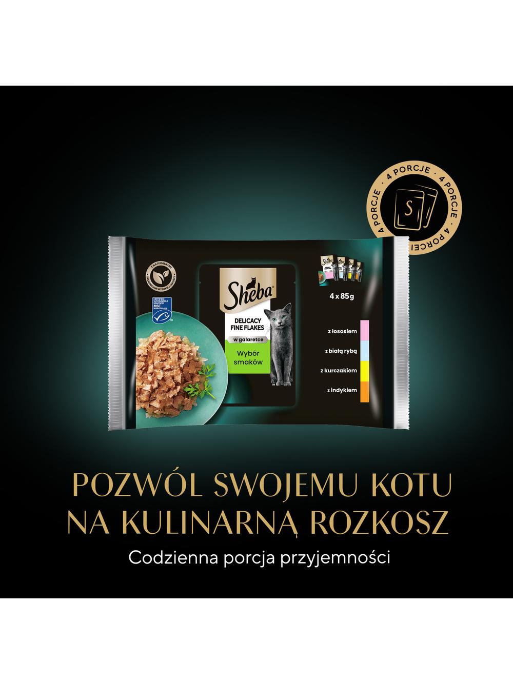 SHEBA Delicacy Fine Flakes Wybór Smaków saszetki 4x85 g – mokra karma pełnoporcjowa dla dorosłych kotów, w galaretce (kawałki z: łososiem, białą rybą, kurczakiem, indykiem)