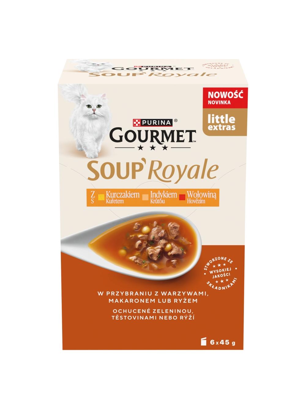 Gourmet Soup Royale Karma dla dorosłych kotów z kurczakiem indykiem wołowiną 6 x 45 g