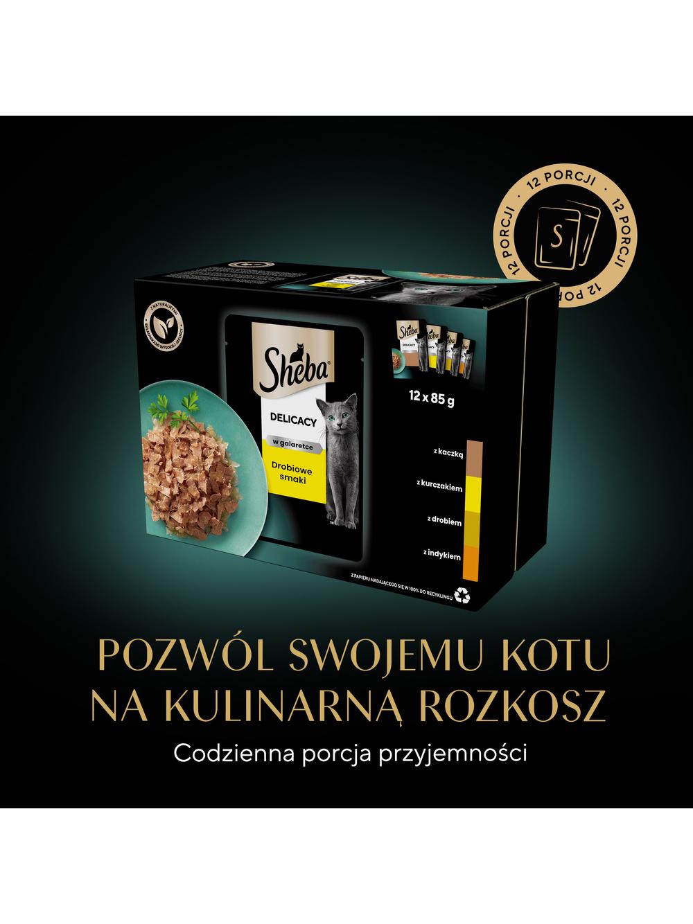 SHEBA Delicacy Drobiowe Smaki saszetki 12x85 g – mokra karma pełnoporcjowa dla dorosłych kotów, w galaretce (kawałki z: kaczką, kurczakiem, drobiem, indykiem)