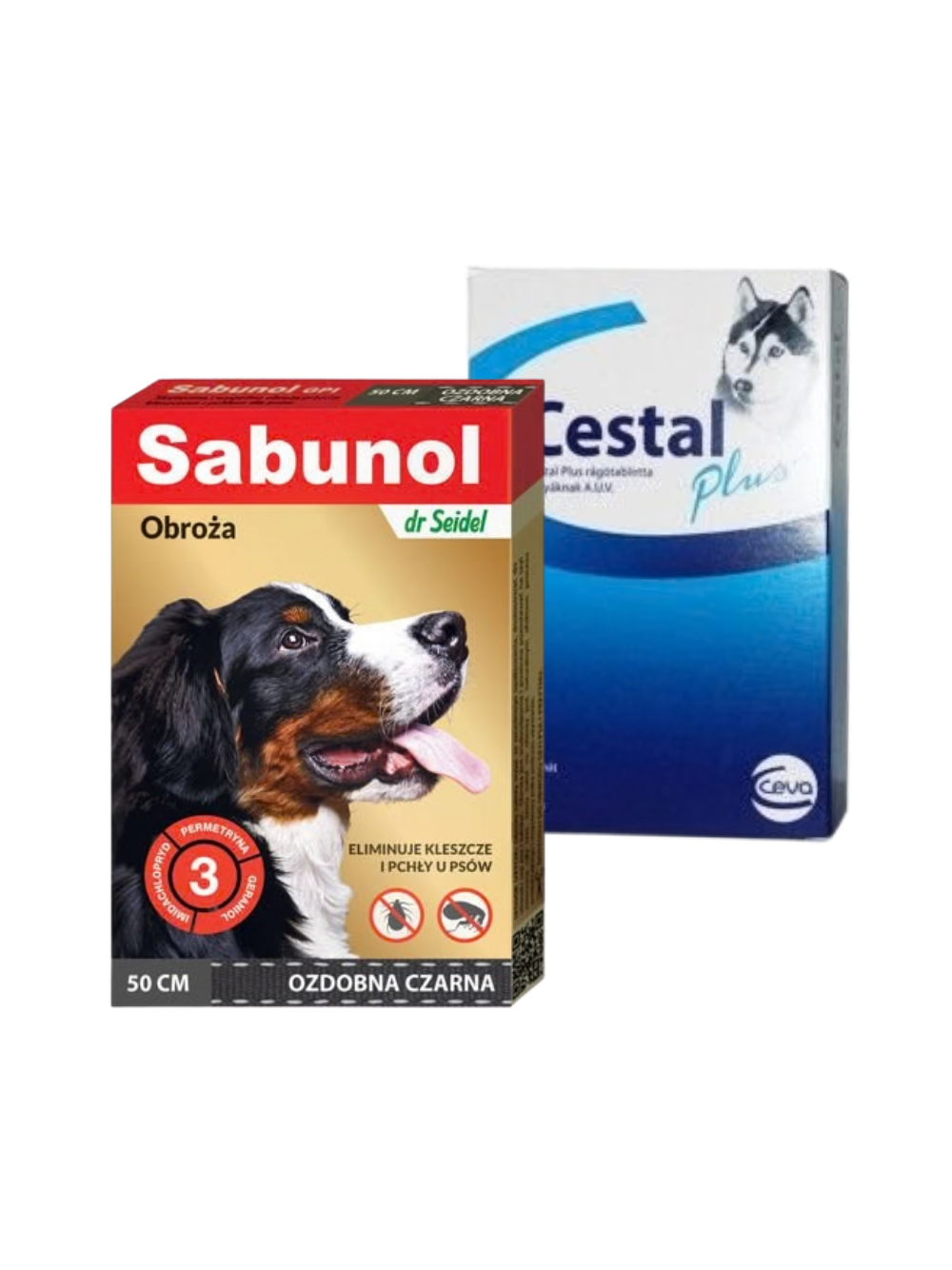 Sabunol - ozdobna czarna obroża przeciw pchłom i kleszczom dla psa 50 cm+Cestal Dog Plus tabletki na odrobaczanie psów 2 sztuki