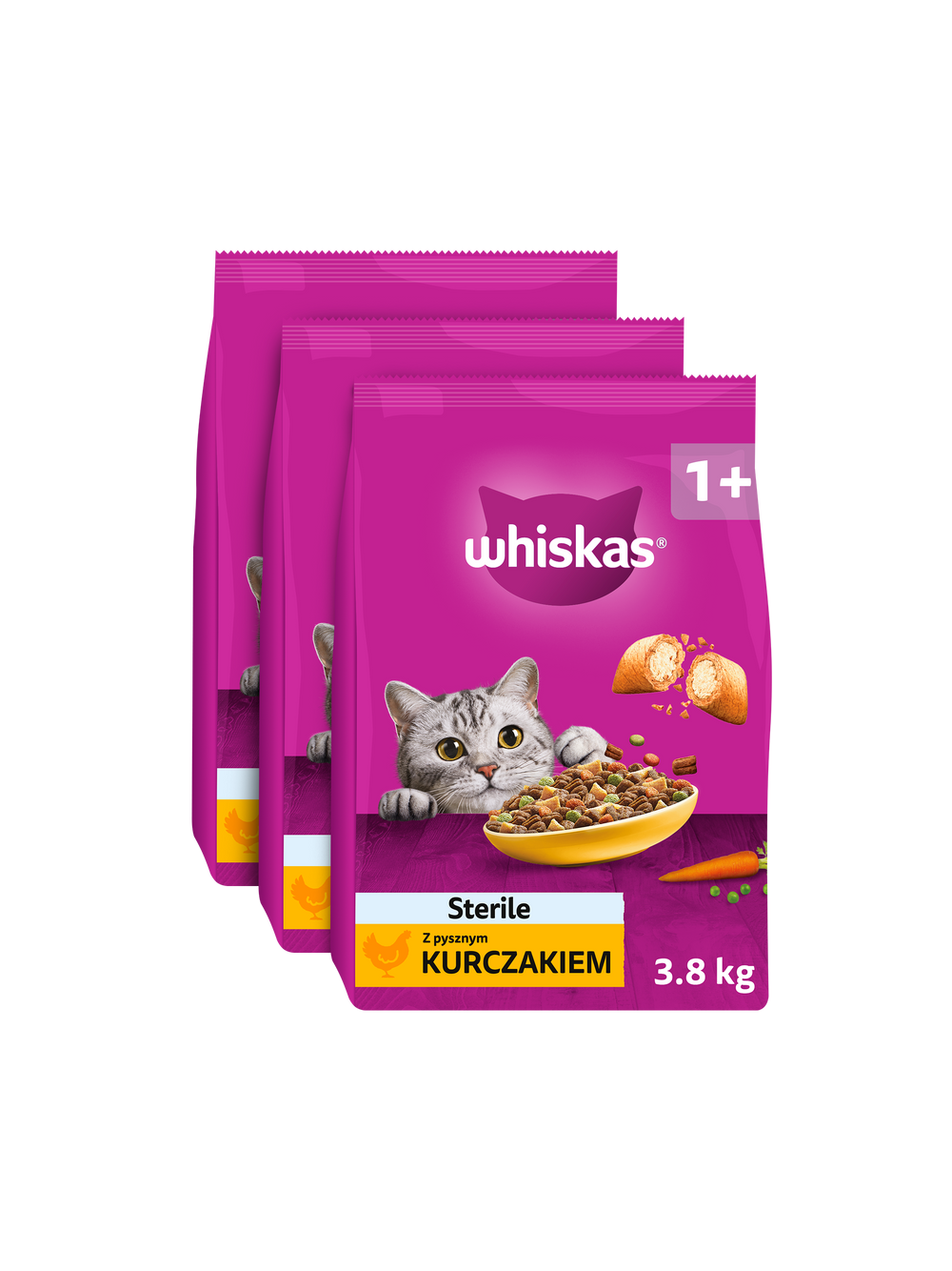 WHISKAS Sterile 3x3,8 kg - sucha karma dla dorosłego kota po zabiegu kastracji, z pysznym kurczakiem