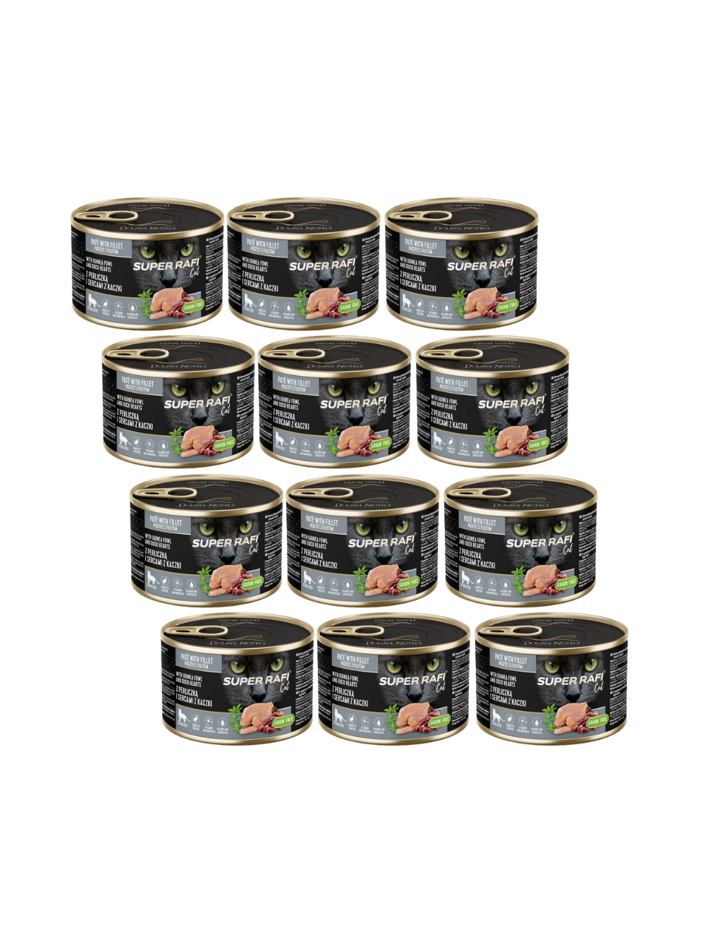 DOLINA NOTECI Super Rafi Cat P&F z perliczką i sercami z kaczki dla kotów sterylizowanych 12x185g