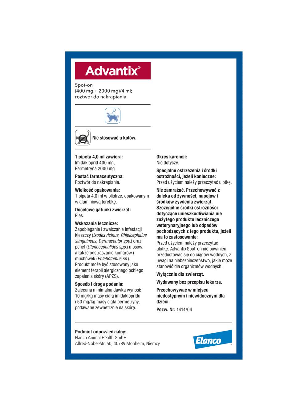 Advantix - dla psów 25-40kg (pipeta 4ml)+ Cestal Dog Plus tabletki na odrobaczanie psów 2 sztuki