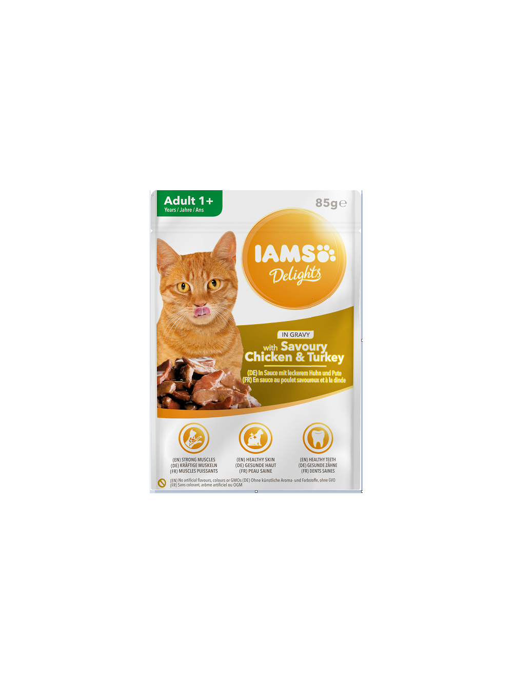 IAMS-Naturally karma dla dorosłych kotów, z aromatycznym kurczakiem i indykiem w sosie 85g