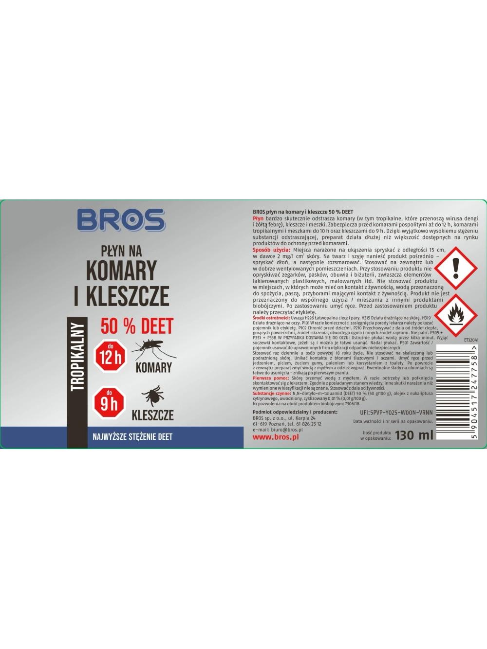 BROS Płyn na komary i kleszcze 50% DEET 130ml