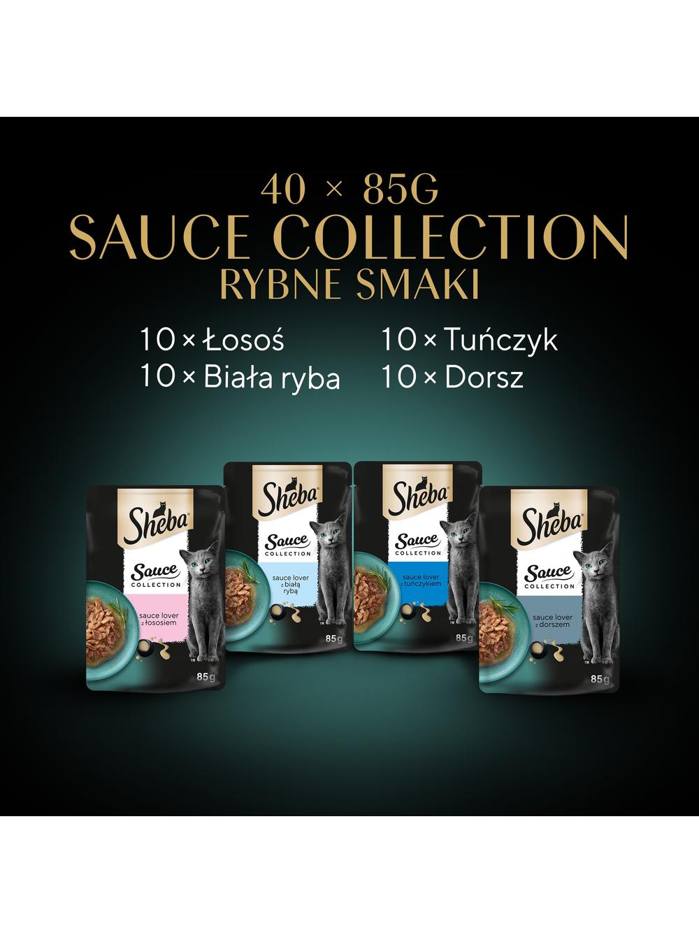 SHEBA Sauce Collection Rybne Smaki saszetki 40x85 g – mokra karma pełnoporcjowa dla dorosłych kotów, w sosie