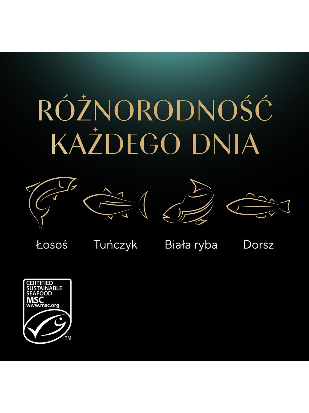 SHEBA Delicacy Rybne Smaki saszetki 80x85 g – mokra karma pełnoporcjowa dla dorosłych kotów, w galaretce (kawałki z: łososiem, białą rybą, tuńczykiem, dorszem)