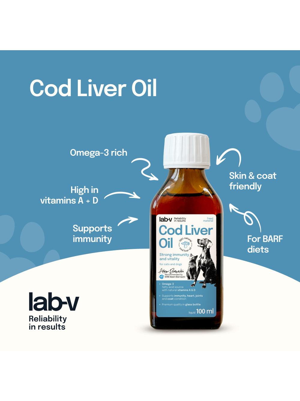 Lab-v Cod Liver Oil – Olej z wątroby dorsza 100% dla psa i kota 100 ml