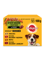 PEDIGREE Adult saszetka 12x100 g - Wybór Smaków z Warzywami w Sosie - mokra karma pełnoporcjowa dla dorosłych psów (kawałki bogate w kurczaka, kawałki bogate w mieszankę wołowiny i wątróbki, kawałki bogate w indyka)