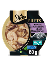 SHEBA Filets z kurczakiem, rybami oceanicznymi i krewetkami w sosie, tacka 60g