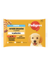 PEDIGREE Junior saszetka 4x100 g - Wybór Smaków z Ryżem w Galaretce, mokra karma pełnoporcjowa dla rosnących psów (kawałki bogate w kurczaka oraz kawałki bogate w mieszankę wołowiny i wątróbki)