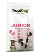 TROPIDOG Premium Junior Small and Medium Breeds bogaty w indyka i ryż 8kg + Miska mała GRATIS!!