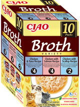 INABA Ciao Broth - karma uzupełniająca dla kota o smaku kurczaka i łososia, kurczaka i tuńczyka, kurczaka i przegrzebek 10x40g