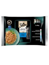 SHEBA Selection Select Slices Rybne Smaki saszetki 4x85 g – mokra karma pełnoporcjowa dla dorosłych kotów, w sosie (kawałki z: łososiem i dorszem czarnym, białą rybą, rybą oceaniczną, dorszem)