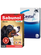 Sabunol czerwona obroża przeciw pchłom i kleszczom dla psa 75 cm+ Cestal Dog Plus tabletki na odrobaczanie psów 2 sztuki
