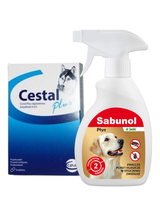 SABUNOL- Płyn do zwalczania pcheł w otoczeniu zwierząt 250ml+ Cestal Dog Plus tabletki na odrobaczanie psów 2 sztuki