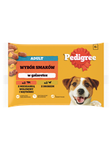 PEDIGREE Adult saszetka 4x100 g - Wybór Smaków w Galaretce, mokra karma pełnoporcjowa w galaretce dla dorosłych psów (kawałki bogate w mieszankę wołowiny i wątróbki oraz kawałki bogate w drób)