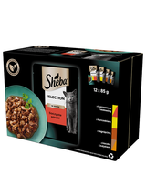 SHEBA saszetka 12x85g Selection in Sauce Soczyste Smaki - mokra karma dla kotów w sosie (z wołowiną, z jagnięciną, z kurczakiem, z indykiem)