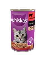 WHISKAS Adult puszka 12x400 g - mokra karma pełnoporcjowa dla dorosłych kotów, kawałki z wołowiną w sosie