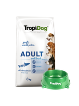 TROPIDOG Premium Adult Small Breeds bogaty w łososia i ryż 8kg + Miska mała GRATIS!!