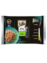 SHEBA Delicacy Fine Flakes Wybór Smaków saszetki 4x85 g – mokra karma pełnoporcjowa dla dorosłych kotów, w galaretce (kawałki z: łososiem, białą rybą, kurczakiem, indykiem)