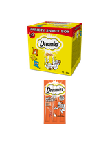 DREAMIES™ Variety Snack Box – karma uzupełniająca dla kotów (z kurczakiem, z serem i o smaku łososia) - 12x60g + DREAMIES 30g – karma uzupełniająca dla dorosłych kotów, z pysznym kurczakiem GRATIS