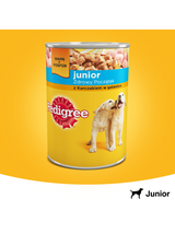 PEDIGREE Junior puszka 400g – mokra, pełnoporcjowa karma dla szczeniąt, z kurczakiem w galaretce