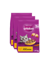 WHISKAS Adult 3x1,4 kg - sucha karma dla dorosłego kota, z pysznym kurczakiem