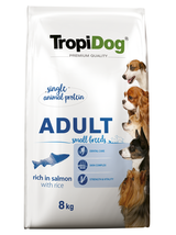 TROPIDOG Premium Adult Small Breeds bogaty w łososia i ryż 8kg + Miska mała GRATIS!!