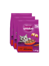 WHISKAS Adult 3x1,4 kg - sucha karma pełnoporcjowa dla dorosłych kotów, z pyszną wołowiną