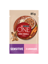 PURINA ONE Sensitive Mini/Small Karma dla dorosłych psów z łososiem i ryżem i marchewką w sosie 85g