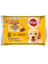 PEDIGREE Junior saszetka 4x100 g - Wybór Smaków z Ryżem w Galaretce, mokra karma pełnoporcjowa dla rosnących psów (kawałki bogate w kurczaka oraz kawałki bogate w mieszankę wołowiny i wątróbki)