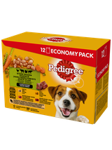 PEDIGREE Adult saszetka 12x100 g - Wybór Smaków z Warzywami w Sosie - mokra karma pełnoporcjowa dla dorosłych psów (kawałki bogate w kurczaka, kawałki bogate w mieszankę wołowiny i wątróbki, kawałki bogate w indyka)