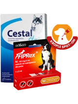 Fiprex M, 150 mg/2ml, roztwór do nakrapiania dla psów+ Cestal Dog Plus tabletki na odrobaczanie psów 2 sztuki