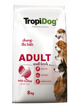 TROPIDOG Premium Adult Small Breeds z indykiem i ryżem 8kg + Miska mała GRATIS!!