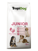 TROPIDOG Premium Junior L bogaty w indyka i ryż 12kg + niespodzianka dla psa GRATIS!