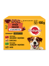 PEDIGREE Adult saszetka 12x100 g - Wybór Smaków w Galaretce, mokra karma pełnoporcjowa w galaretce dla dorosłych psów (kawałki bogate w mieszankę wołowiny i wątróbki, bogate w kurczaka, bogate w mieszankę jagnięciny i wątróbki oraz bogate w drób)
