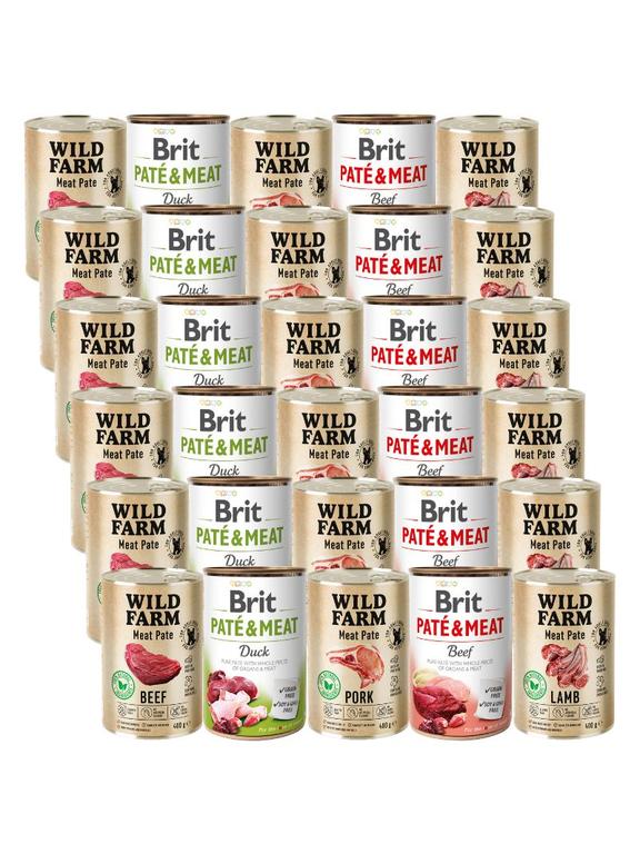 BRIT PATE & MEAT + WILD FARM Pate Mix smaków 30x400g
