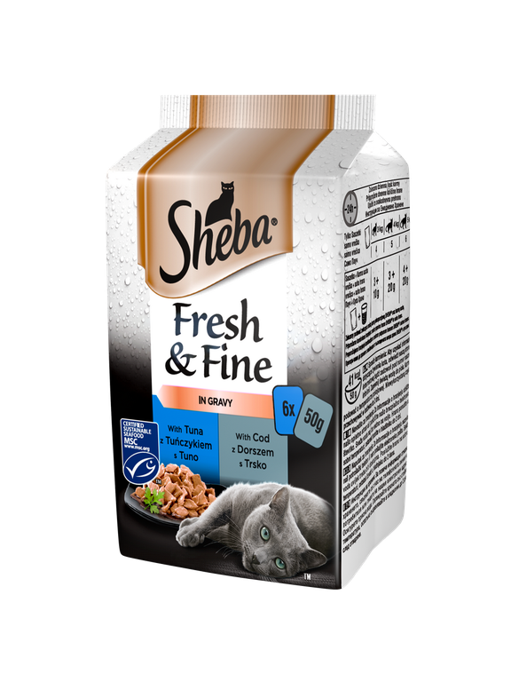 SHEBA saszetka 6x50g Fresh & Fine - mokra karma dla kotów w sosie (z tuńczykiem, z dorszem)