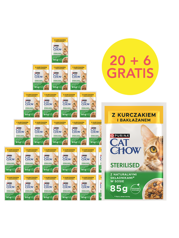 CAT CHOW Sterilised Karma dla kotów z kurczakiem i bakłażanem w sosie 85g Saszetka 20+6 GRATIS