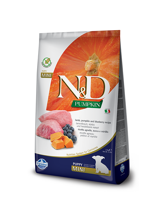 Farmina N&D Pumpkin Grain Free canine LAMB & BLUEBERRY PUPPY MINI KARMA SUCHA 2,5kg