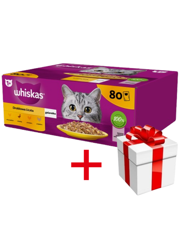 WHISKAS Adult saszetka 80 x 85 g Drobiowa Uczta - mokra karma dla dorosłego kota, w galaretce (kawałki z: kurczakiem, kaczką, drobiem, indykiem) + niespodzianka dla kota GRATIS!!!