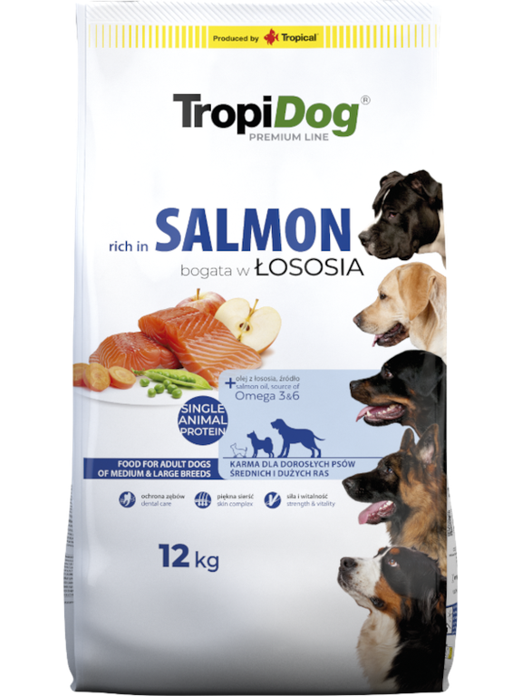 TROPIDOG Premium Adult medium & large breeds bogaty w łososia i ryż 12kg