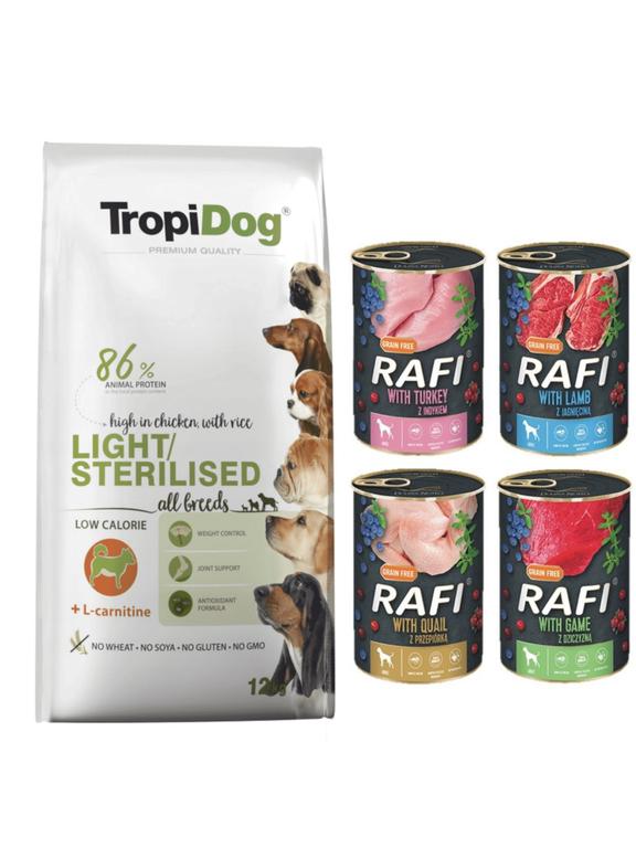 TROPIDOG Premium light/sterilised 12kg + Rafi puszka 4x400g