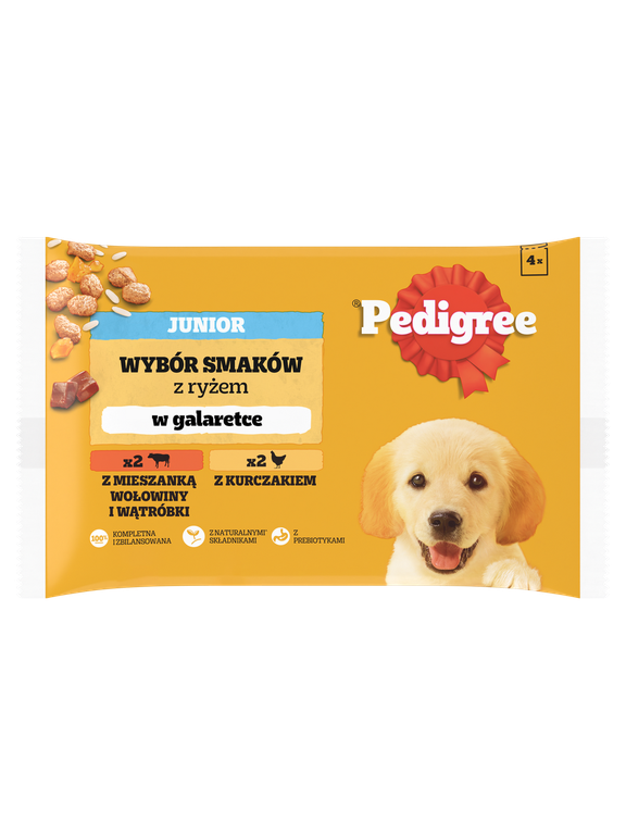 PEDIGREE Junior saszetka 4x100 g - Wybór Smaków z Ryżem w Galaretce, mokra karma pełnoporcjowa dla rosnących psów (kawałki bogate w kurczaka oraz kawałki bogate w mieszankę wołowiny i wątróbki)